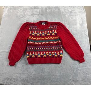 VTG Allen Solly Sweater Women Medium Red Hand Knit Wool Fair Isle Puffed Sleeves